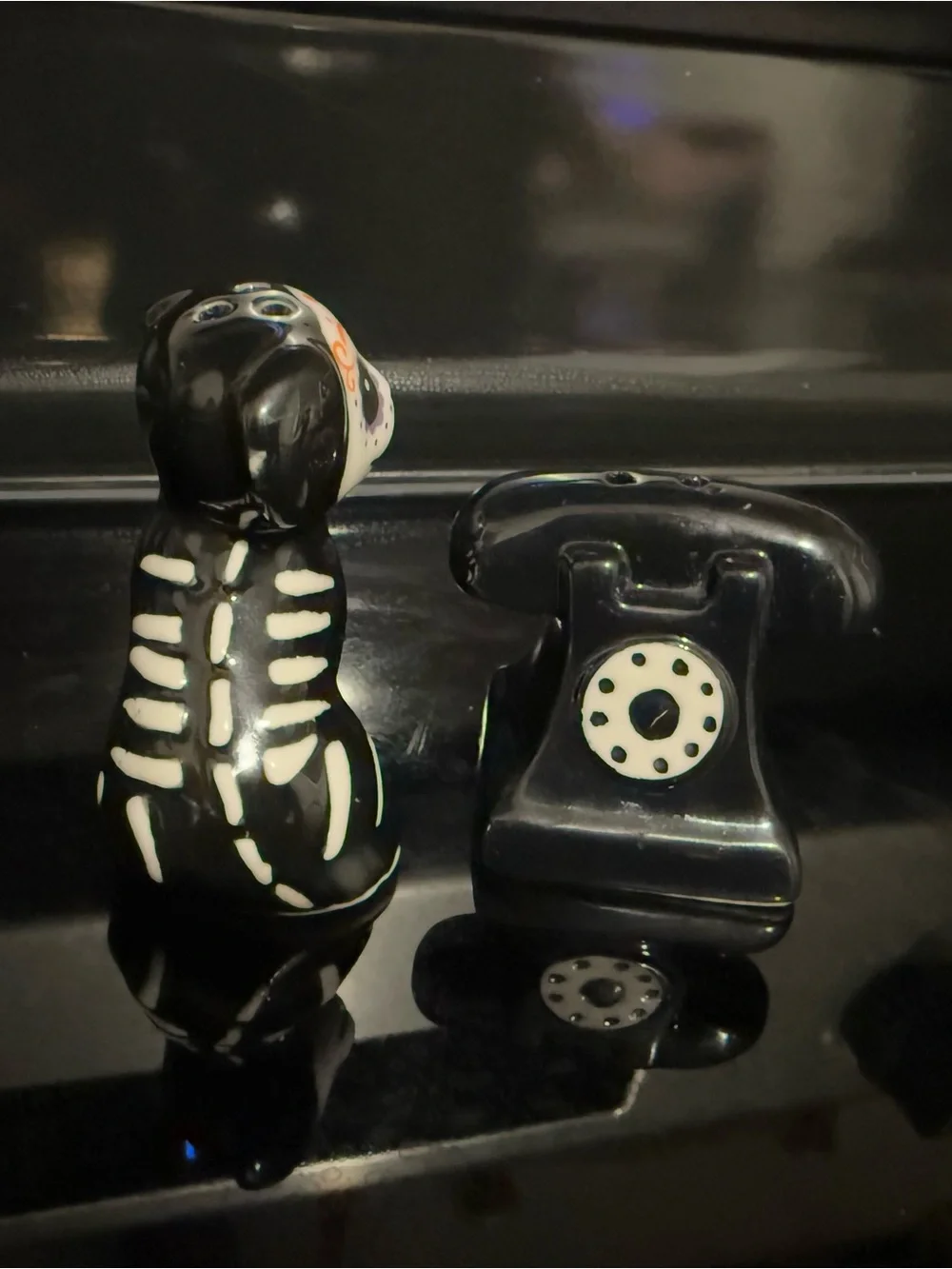 Mini Halloween Salt and Pepper Shakers- dia de Los Muertos and goth retro phone